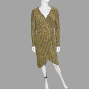 Steve Madden Gold Crinkle Metallic Long‎ Sleeve Midi Dress